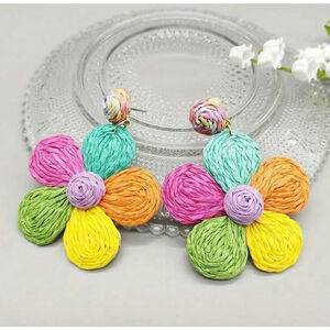 Colorful Weaved Straw Daisy Dangle Earrings